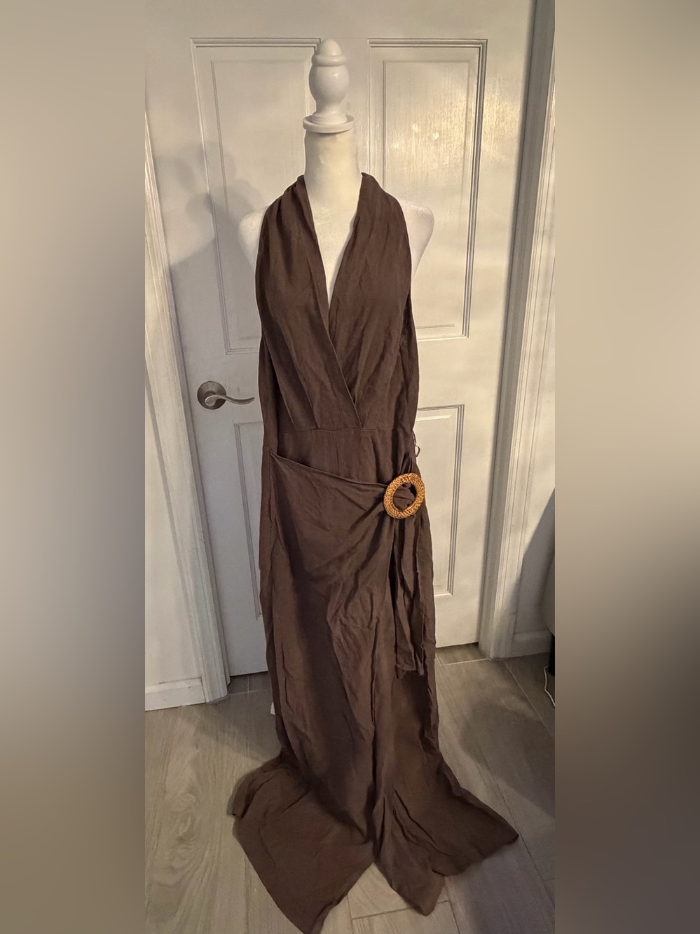 Zara Brown Halter Wrap Maxi jumpsuit with Woven Buckle